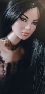 Close-up of an elegant fashion doll with dark hair.