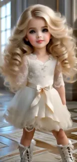 Doll-like girl with curly hair in a charming dress, indoors.