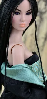 Elegant doll with flowing black hair in stylish attire.