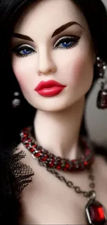 Lifelike elegant doll with dark hair and sophisticated accessories.