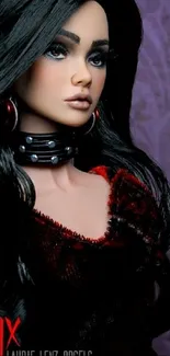 Elegant Nyx doll portrait with purple background.