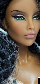 Stylish doll with striking makeup and textured black hair.