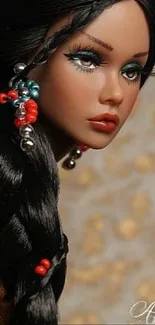 Elegant doll with beaded hair in detailed wallpaper art.