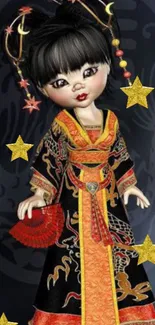 Elegant doll in traditional attire with golden stars on dark background.