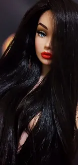 Elegant doll with long black hair and red lips against a bokeh background.