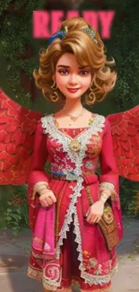 Elegant doll with red wings and vibrant green background.