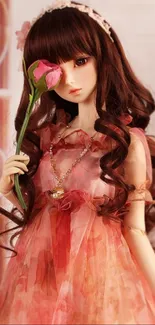 Elegant porcelain doll in pink dress with rose.