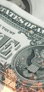 Close-up of a detailed dollar bill wallpaper in green hues for mobile screens.