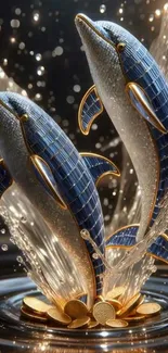 Elegant dolphins creating a splash with gold accents in water.