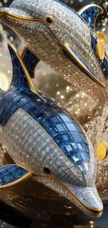 Intricate dolphin sculptures in mid-splash with mosaic patterns.