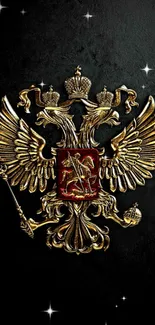 Double-headed eagle wallpaper with gold on a black background.