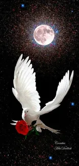 Dove with a red rose under a full moon in a starry sky.