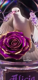 Elegant dove with jeweled wings and purple rose in a colorful background.