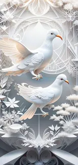 Elegant white doves in a floral art design wallpaper.