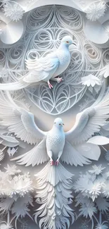 Elegant white doves in intricate artistic design wallpaper.