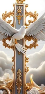 Elegant white dove on a golden cross against a cloud backdrop.