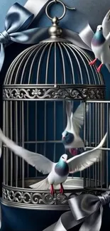 Doves flying out of an ornate birdcage with blue ribbons