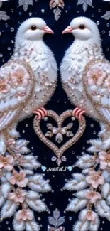 Elegant doves among intricate florals on a dark background.