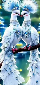 Elegant doves adorned with blue jewels perched on a branch in a fantasy scene.