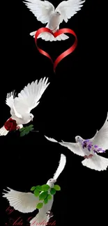 Doves with flowers and heart on black background.