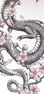 Intricate dragon with pink flowers mobile wallpaper.