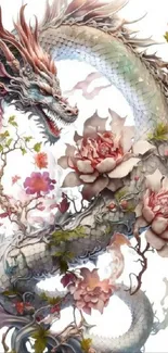 Elegant dragon with floral details on a mystical artistic wallpaper.