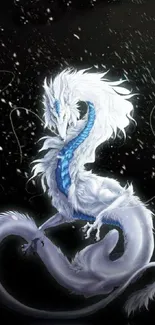 Fantasy white dragon on a dark starry background.