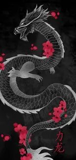 Gray dragon with red flowers on a black background.