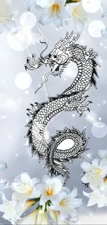 Black-and-white dragon with white flowers on a light blue background.