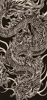 Monochrome elegant dragon illustration on a black background for mobile wallpaper.