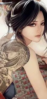 Elegant woman with dragon tattoo in artful mobile wallpaper.