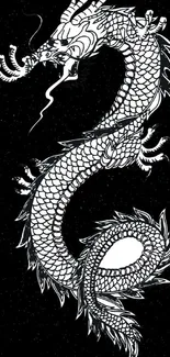 Elegant black and white dragon wallpaper design for mobile.