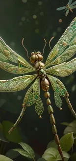 Intricate dragonfly design with green tones and leafy background.