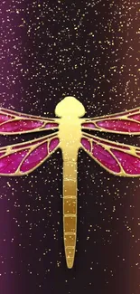 Gold and pink dragonfly with sparkling glitter on a purple background wallpaper.