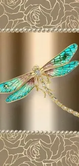 Dragonfly with turquoise wings on a golden floral background.