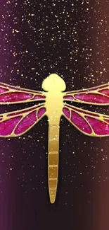 Gold dragonfly on a purple glitter background mobile wallpaper.