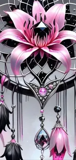 Vibrant dreamcatcher with pink flower and feathers design.