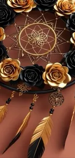 Dreamcatcher wallpaper with black and gold roses and feathers.