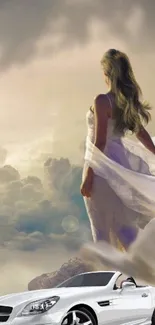 Woman in flowing gown with white convertible under dreamy cloudy sky.