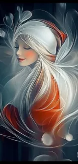 Artistic wallpaper of a serene woman with flowing hair and abstract design elements.