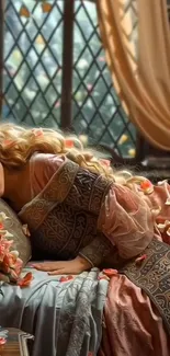 Sleeping woman in elegant vintage setting with flowers.