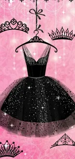 Black sparkly dress with crowns on a pink background wallpaper.