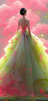 Elegant woman in flowing dress with pink clouds and butterflies.