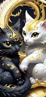 Dual fantasy cats with golden art, mystical wallpaper design.