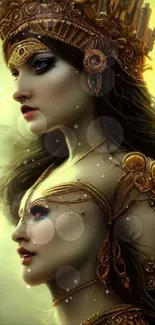 Two women in regal attire with golden crowns in a fantasy artwork on mobile wallpaper.