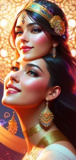 Elegant fantasy portrait of two women with golden jewelry against a mystical backdrop.