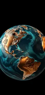 Artistic earth design with teal and gold on black background.