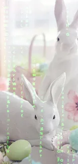 Elegant white Easter bunny statues with pastel eggs and matrix code design.