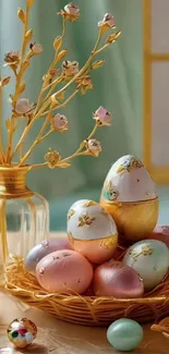 Artistic Easter egg basket with golden floral accents
