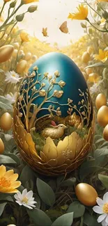 Golden Easter egg surrounded by flowers and greenery in a fantasy setting.